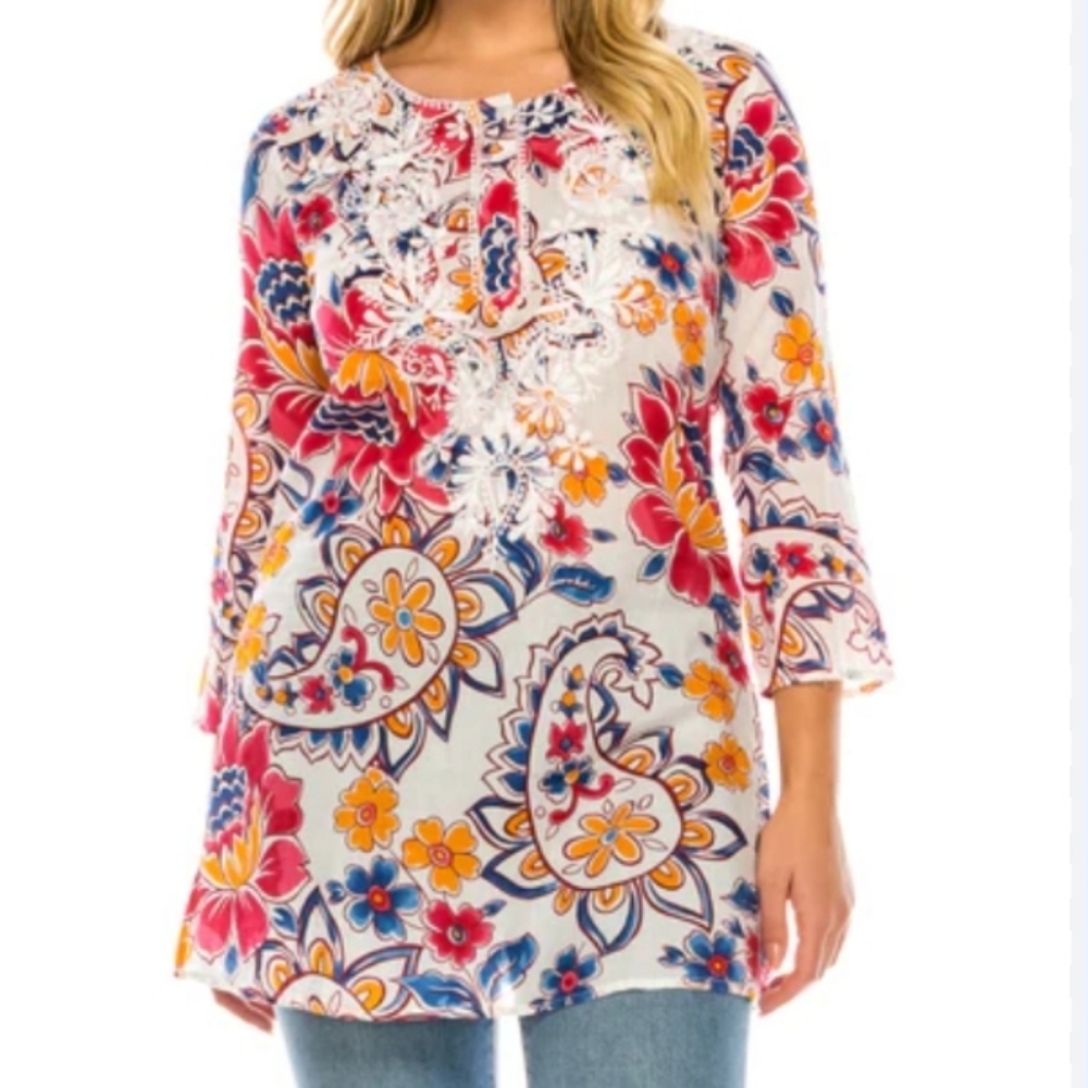 Vintage Goa (Size L) Multicolored Floral Embroidered 3/4 Sleeve Tunic Top